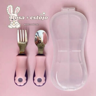 Kit Talher Infantil Aço Inox 316 Com Estojo Colher E Garfo Rosa