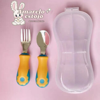 Kit Talher Infantil Aço Inox 316 Com Estojo Colher E Garfo Amarelo